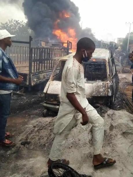 JUST IN: Fire Outbreak in Moniya As Tanker Collides With Truck (See Photos, Videos)