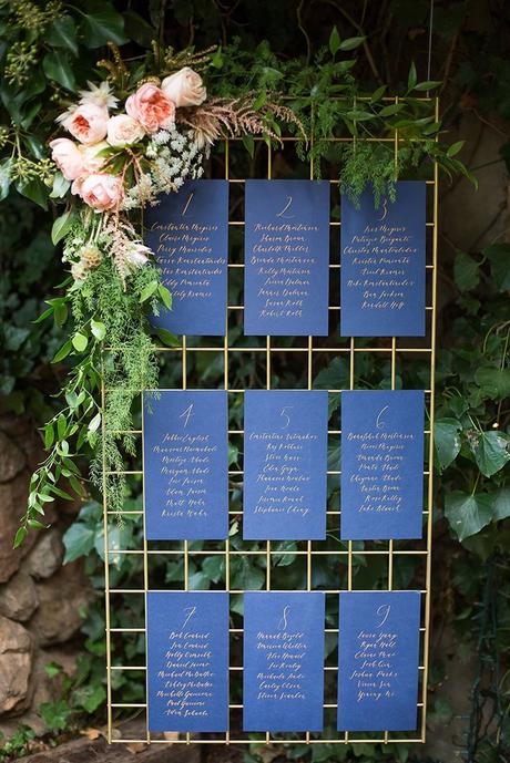 wedding colors classic blue table place plan with flowers and greenery kreate photography