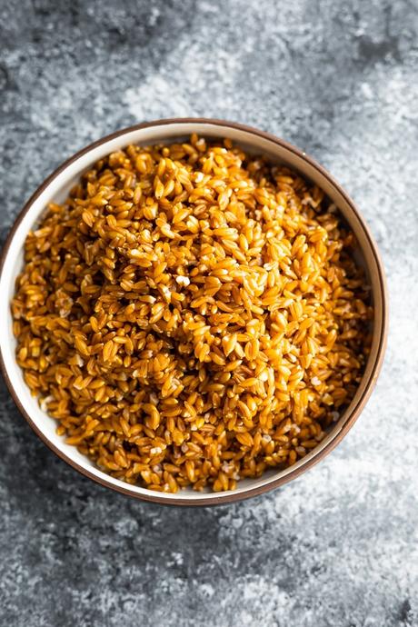 overhead view of a bowl of farro