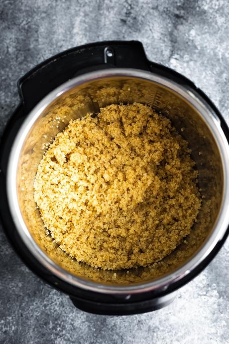 overhead view of cooked quinoa in an instant pot