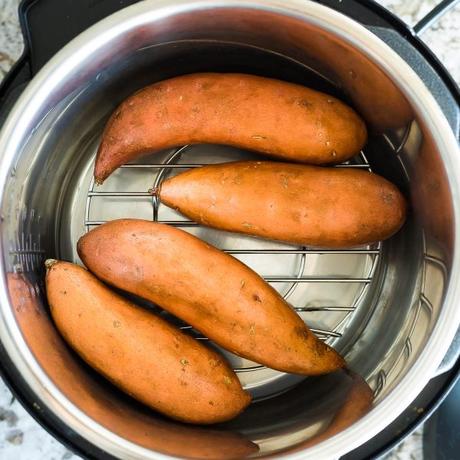 overhead view of sweet potatoes in an instant pot