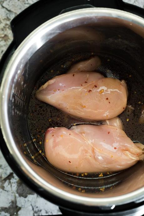 overhead view of two chicken breasts in an instant pot