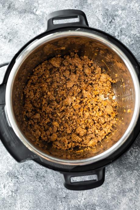 overhead view of cooked ground turkey in an instant pot