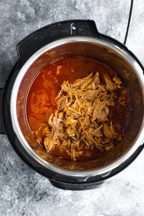 overhead view of pulled pork in an instant pot