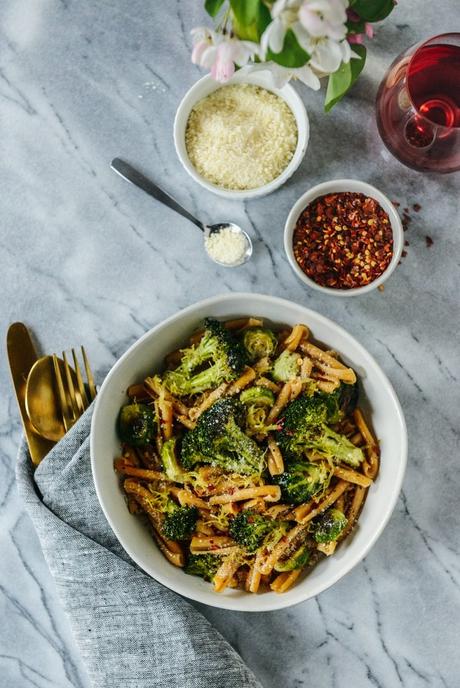 Garlic Butter Pasta with Roasted Broccoli & Brussels Sprouts