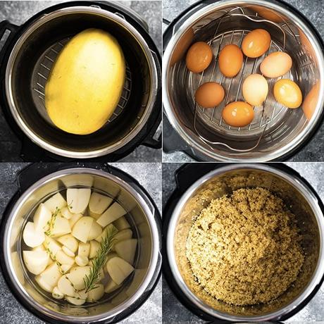 collage image of overhead shots of ingredients in the instant pot; 4 basic recipes
