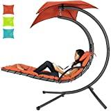 Best Choice Products Outdoor Hanging Curved Steel Chaise Lounge Chair Swing w/Built-in Pillow and Removable Canopy, Orange