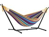 Vivere Double Cotton Hammock with Space Saving Steel Stand, Tropical (450 lb Capacity - Premium Carry Bag Included)