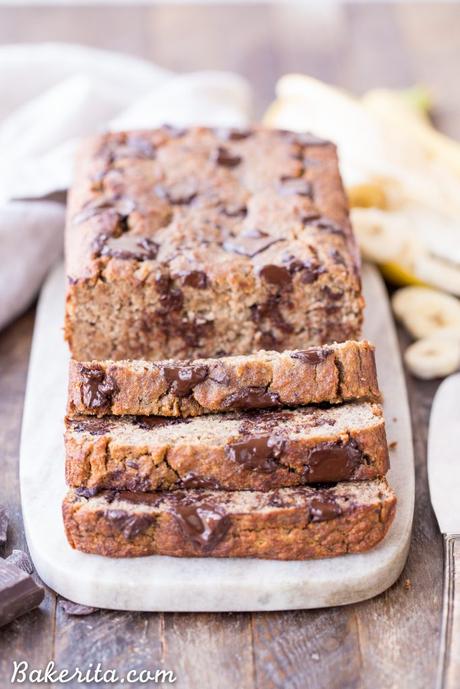 This Paleo Chocolate Chunk Banana Bread is sweetened only with bananas for a guiltless treat that tastes just like traditional banana bread! This is easy recipe you'll come back to again and again. This paleo banana bread is also gluten-free, grain free, and sugar-free.