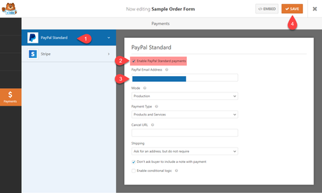 WPForms Sample Order Form Payment Settings