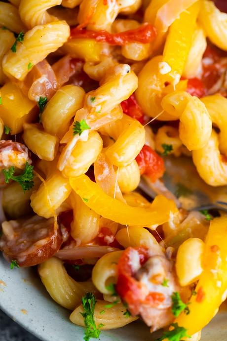 close up shot of one pot sausage pasta in a bowl