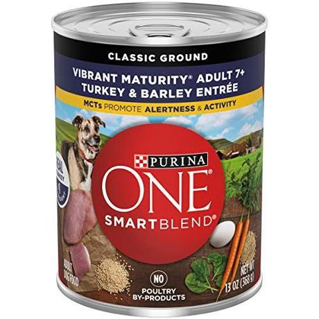 Purina ONE Natural Senior Pate Wet Dog Food, SmartBlend Vibrant Maturity 7+ Turkey & Barley Entree - (12) 13 oz. Cans, Classic Ground (017800126045)