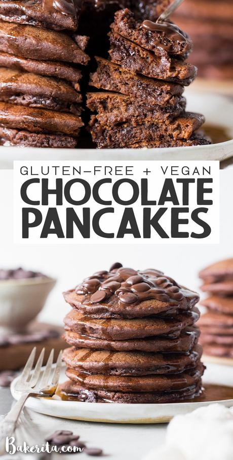 Gluten-Free Vegan Double Chocolate Pancakes These Gluten-Free Vegan Double Chocolate Pancakes are a deliciously fluffy and decadent breakfast! Made with rolled oats and loaded with chocolate chips.