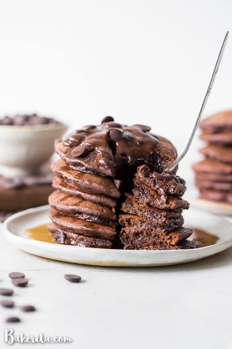 These Gluten-Free Vegan Double Chocolate Pancakes are a deliciously fluffy and decadent breakfast! Made with rolled oats and loaded with chocolate chips.