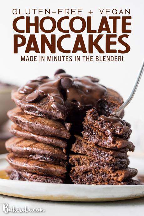 These Gluten-Free Vegan Double Chocolate Pancakes are a deliciously fluffy and decadent breakfast! Made with rolled oats and loaded with chocolate chips.