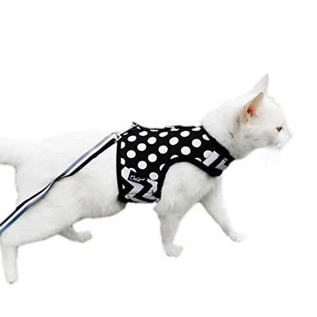 Yizhi Miaow Escape Proof Kitten Harness with Leash X-Small, Adjustable Kitten Walking Jackets, Padded Kitten Vest Polka Dot Black