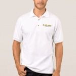 White polo shirt with the Harvey Mercheum logo and URL