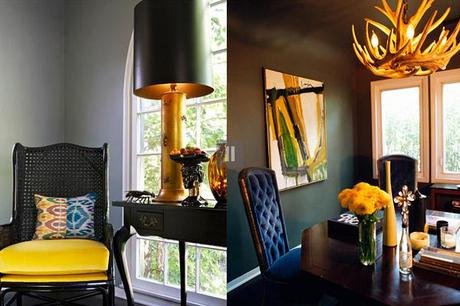 Kishani Perera living/dining room, black, yellow, ikat, gold, antler pendant, abstract