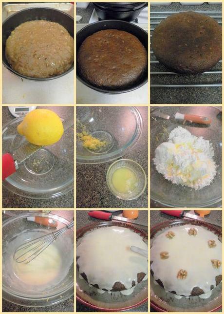 Date & Walnut Cake Lemon Icing- baked cake & icing collage