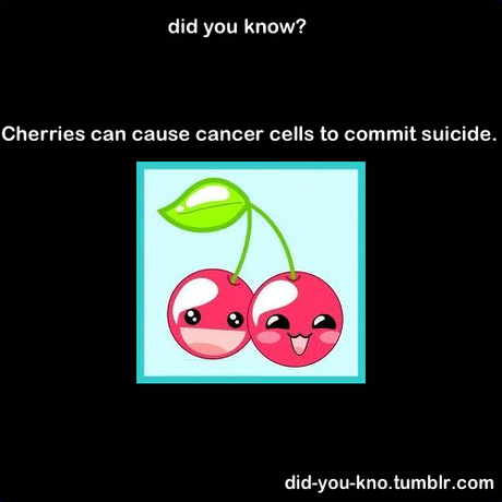 Two important compounds found in cherries, quercetin and ellagic acid,  have been found to inhibit tumor growth and even cause the cancer cells  to commit suicide without hurting healthy cells.<br />
Source