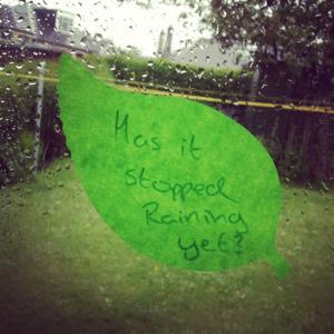 Leaf post it note on a rain splattered window