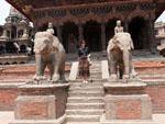 Sonya at the Vishwanath (Shiva) Temple with pair of elephants guarding the entrance