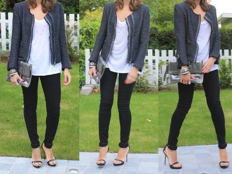 White tee, black jeans and a tweed jacket