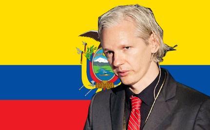 Julian Assange in front of the Ecuadorian Flag