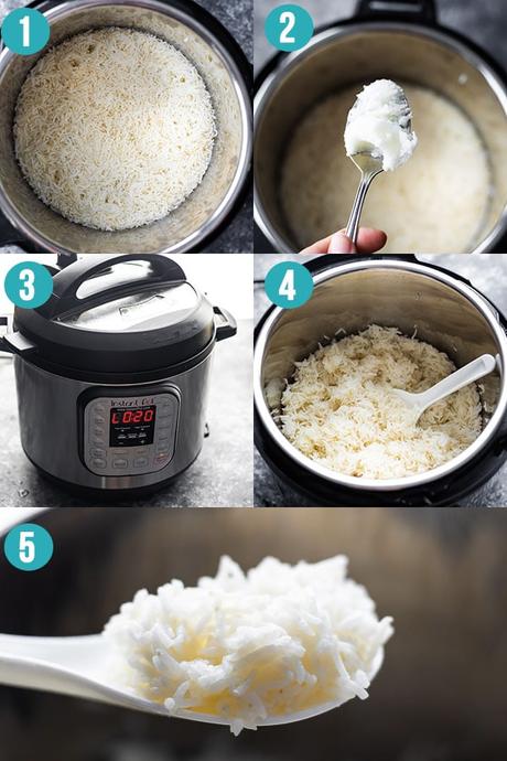collage image showing how to fluff up basmati rice after cooking in the Instant Pot
