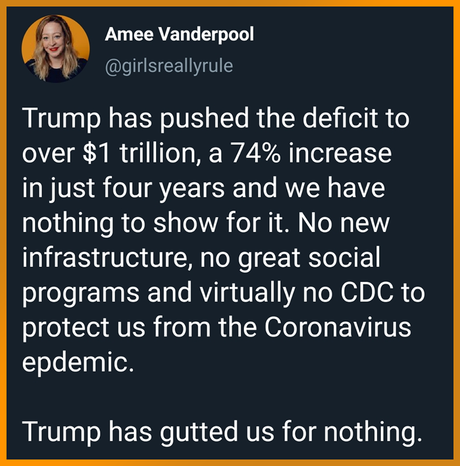 Image may contain: 1 person, text that says 'Amee Vanderpool @girlsreallyrule Trump has pushed the deficit to over $1 trillion, a 74% increase in just four years and we have nothing to show for it. No new infrastructure, no great social programs and virtually no CDC to protect us from the Coronavirus epdemic. Trump has gutted us for nothing.'