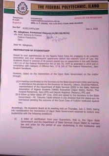 Suspended Ilaro Polytechnic SUG President Reinstated By School’s Management