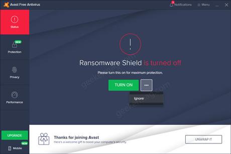 Avast Free Antivirus v20.5 gets Ransomware Shield, protect your files from Ransomware ransomware shield in turned off message in avast free antivirus