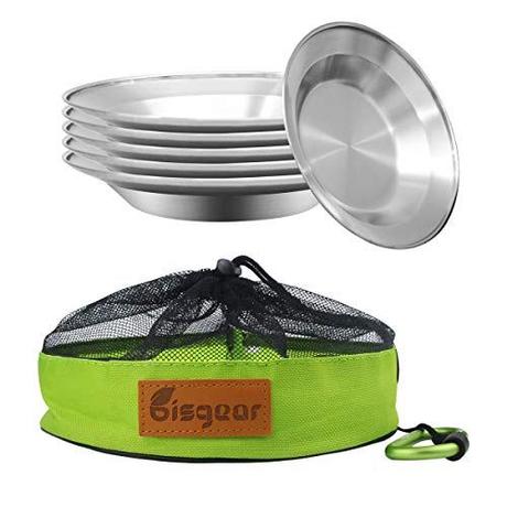 Camping Stainless Steel 8.5 inch Kitchen Dinner Plate Pack of 6 + Carabiner + Dishcloth Mess kit - Bisgear Outdoor Dinnerware Set BPA Free Round Plates for Backpacking, Hiking, Picnic & BBQ (8.5 inch)