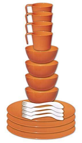 gear4U Camping Tableware Sets - Outdoor Dishes with Mesh Carry Bag - BPA Free - Plate, Bowl, Cup and Utensil for Hiking, Camping, Backpacking, Travel and Outdoor Survival - Orange 4 Person Set