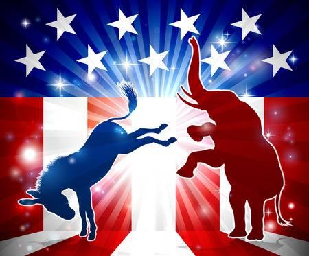 A donkey kicking an elephant in silhouette with an American flag in the background democrat and republican political mascot animals Stock Vector - 111310758