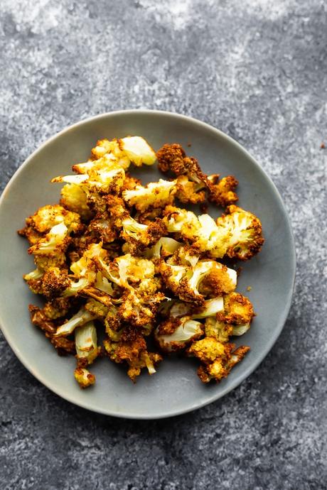 overhead view of a plate of air fryer cauliflower