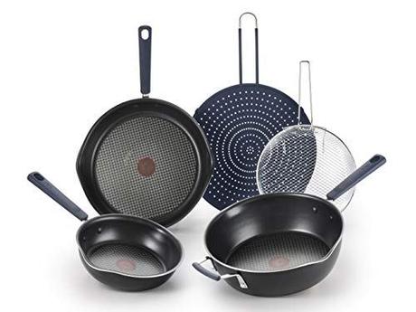 T-fal B210S574 All In One Stackable 5 Pcs Pan Set, Cookware Set, Titanium Nonstick, Multi-Functional, Black