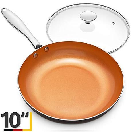 MICHELANGELO 10 Inch Frying Pan with Lid, Nonstick Copper Frying Pan with Titanium Ceramic Interior, Nonstick Frying Pans, Nonstick Skillet with Lid,10 Inch Copper Pans Nonstick, Induction Compatible