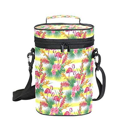 Insulated Wine Tote Carrier Tropical Flamingo Palm Flower 2 Bottle Wine Carry Cooler Tote Bag for Travel or Picnic, Perfect Wine Lover Gift