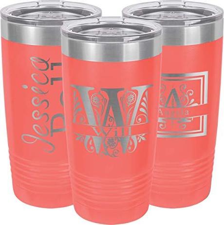 Personalized Tumbler 20oz with Lid and Straw - 16 Different Designs, 12 Colors - 100% Stainless Steel Double Wall Vacuum Insulated Coffee Cup - Best Gift for Woman, Mens, Mom, Dad, Friend (Coral)