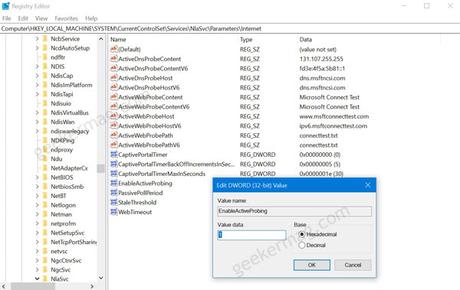 Fix – Windows 10 v2004 Bug Falsely reporting about No Internet Connectivity EnableActiveProbing registry in windows 10 v2004