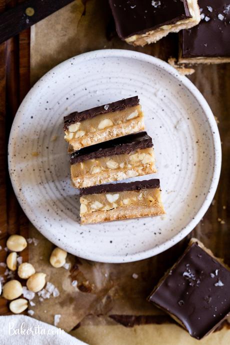 Calling all peanut butter lovers! These Gluten-Free Vegan Peanut Butter Twix Bars will knock your socks off. They have a layer of coconut flour shortbread, a quick no-cook peanut butter caramel, and a layer of dark chocolate.