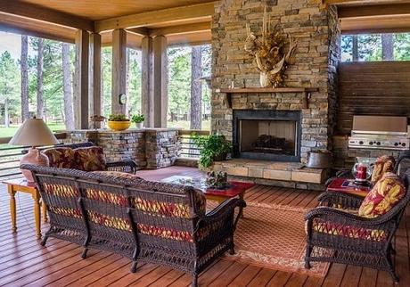 A view of a cozy living area with a fireplace as the focal point