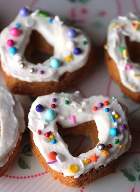 Vegan Vanilla Baked Doughnuts with Multi-Coloured Sprinkles