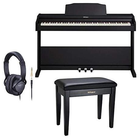 Roland RP-102 88 Key Digital Piano, Black - Bundle With Roland Piano Bench with Cushioned Seat and Storage Compartment Satin Black, Roland RH-5 Around-Ear Stereo Headphone with Conversion Plug