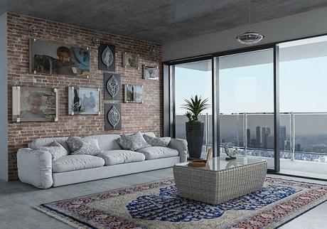 pacious living room with glass balcony doors and a view of the city