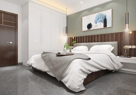 bedroom with wooded headboard