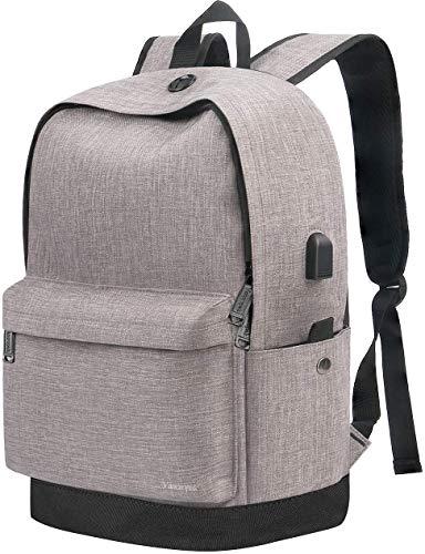 College Backpack, Travel Laptop School Backpack with USB Charging Port for Women Men, Water Resistant Middle Student Bookbag Fits 15.6 Inch Laptop, Vintage Casual Daypack for Boys Girl Grey