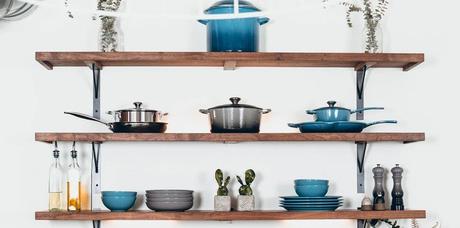cookware set on floating shelves