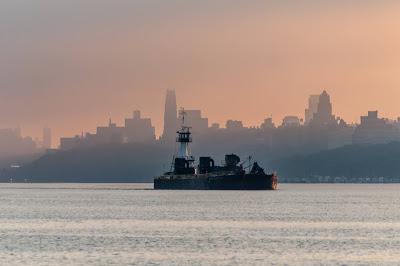Barge coming down the Hudson [early morning]